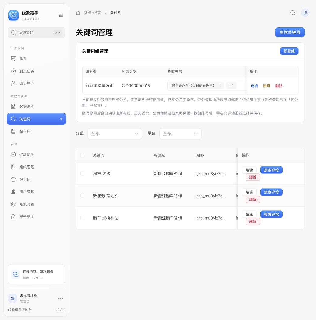 图04｜关键词管理与接收账号配置