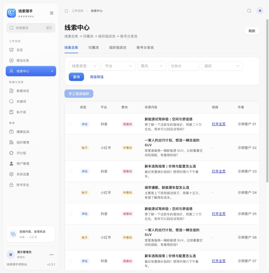 图15｜线索中心的小红书高意向筛选结果